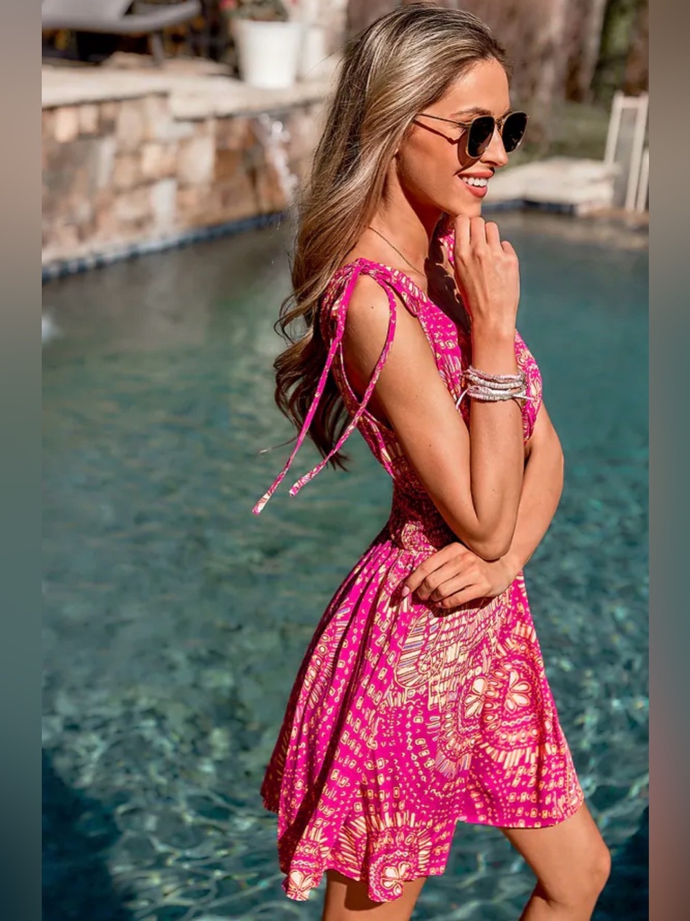 Cupshe Fuchsia Printed Tie-Shoulder V-Neck Midi Dress 🏝️☀️ - Picture 3 of 9
